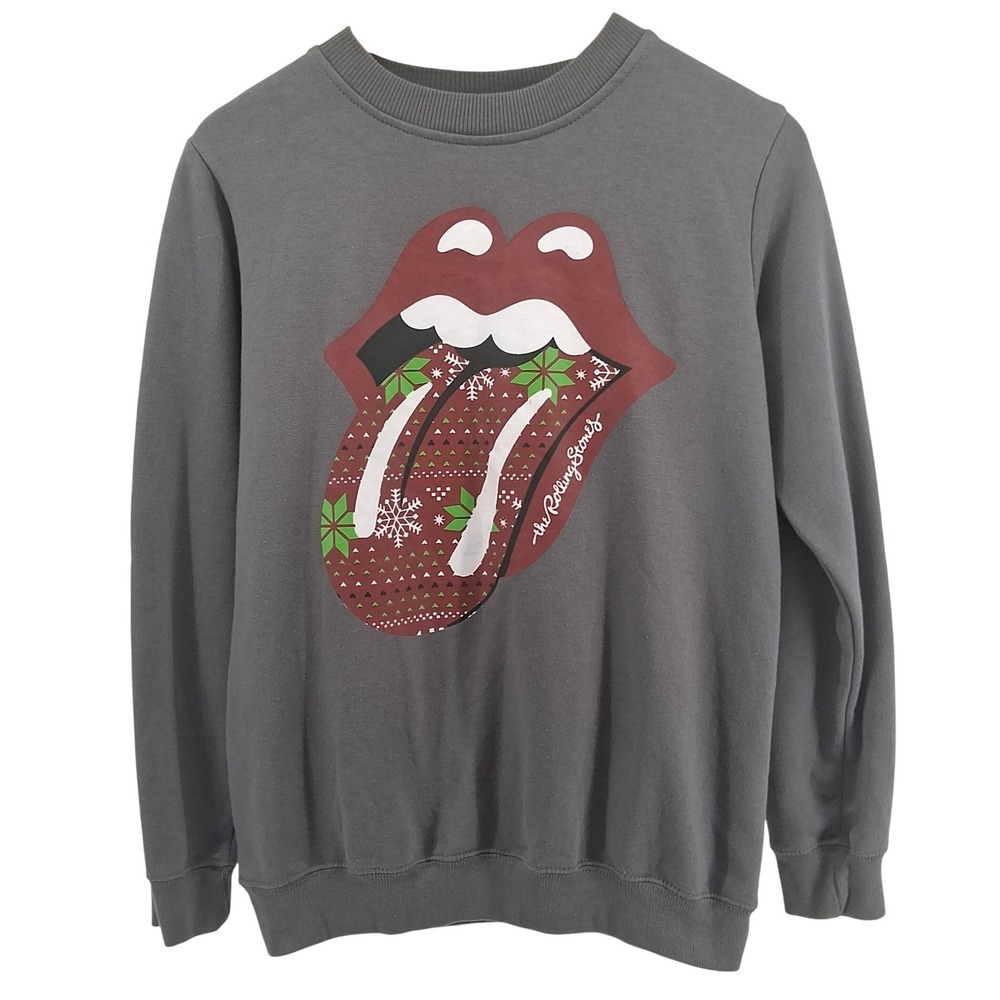 Rolling Stones Christmas Sweatshirt M Gray Crewneck Holiday Graphic Tongue Logo